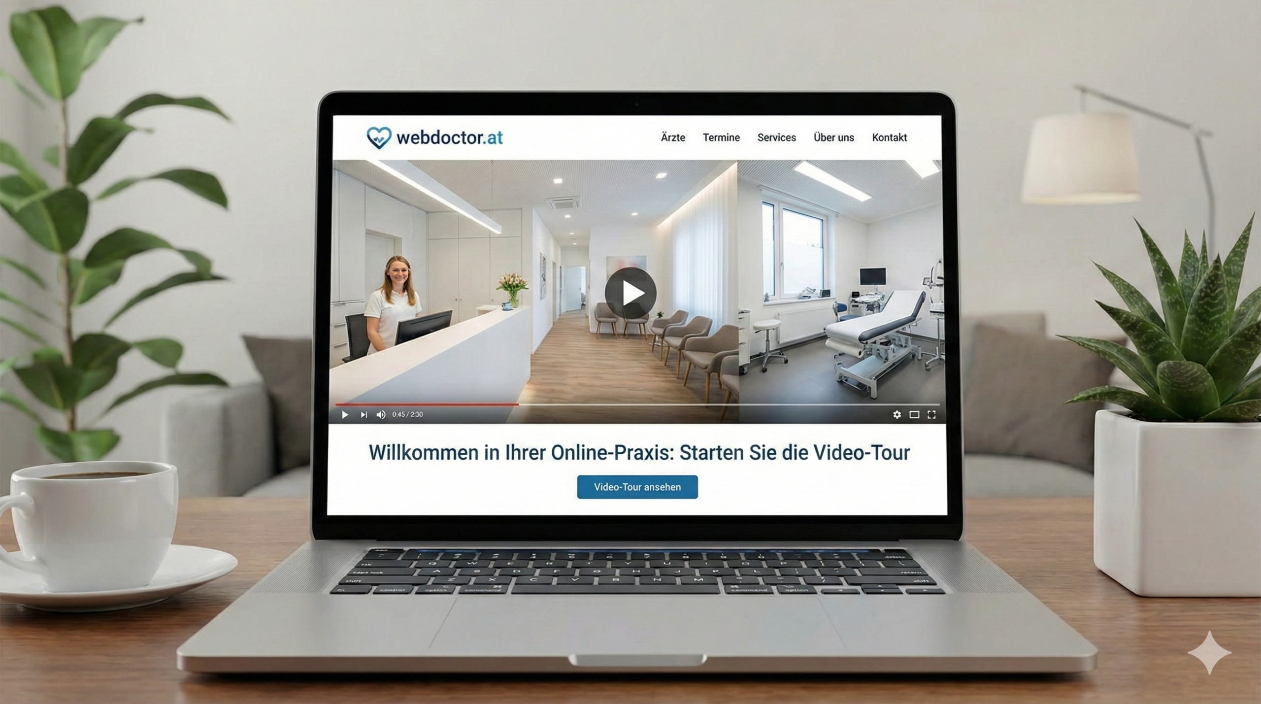 Screenshot: Zahnarzt-Website mit Video-Tour und Leistungskatalog