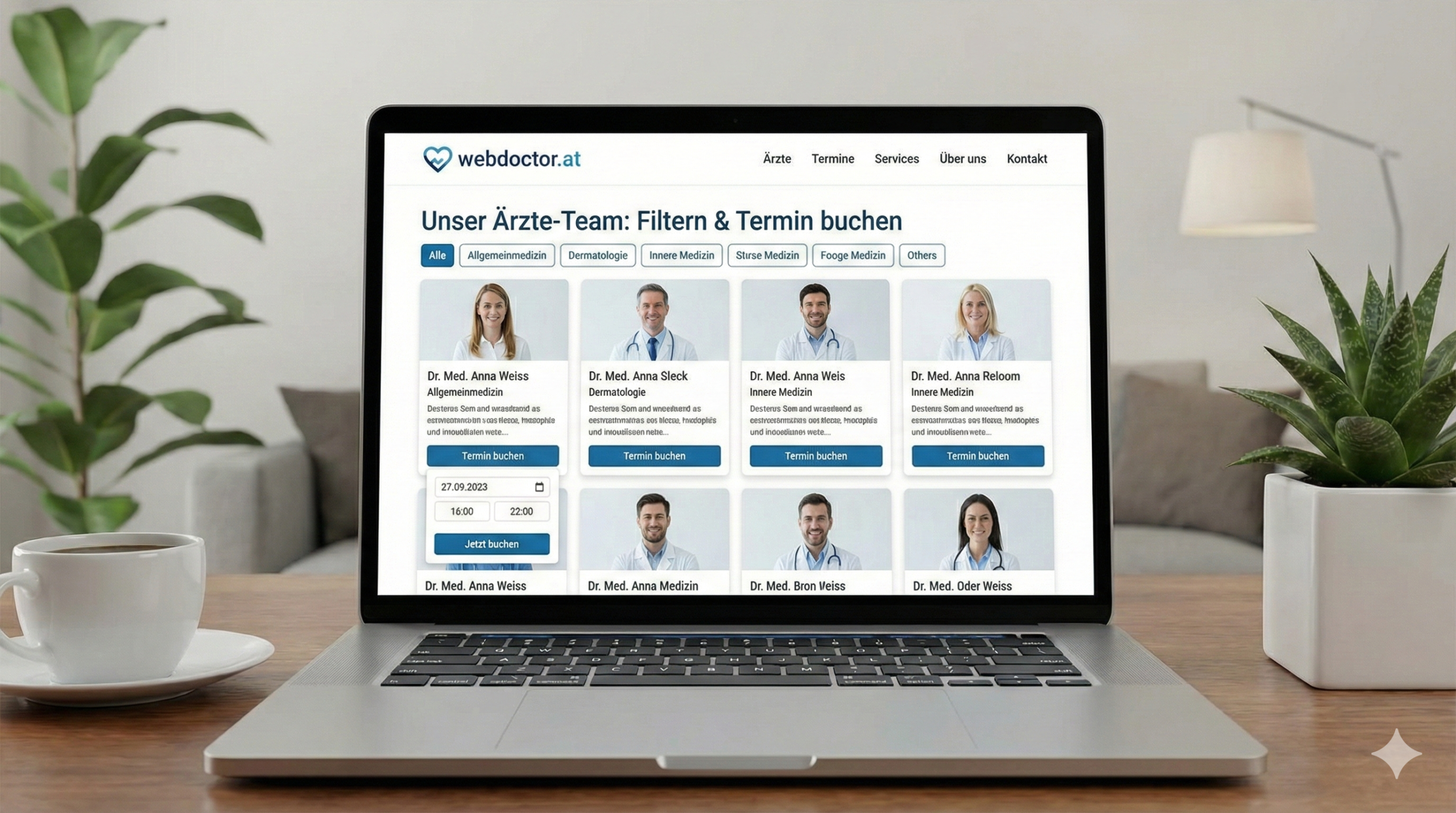 Screenshot: PVE-Website mit Team-Filter und mehrsprachiger Navigation